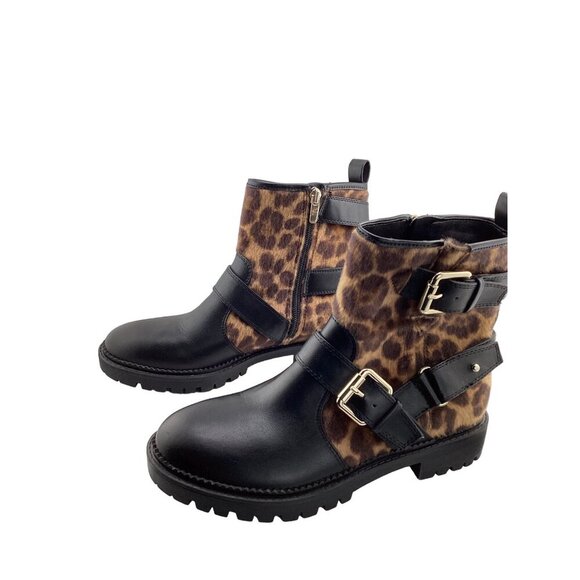 Nine West Aria Black Cheetah Print‎ Ankle Boots Size 7 Biker Combat Buckle - Picture 6 of 8